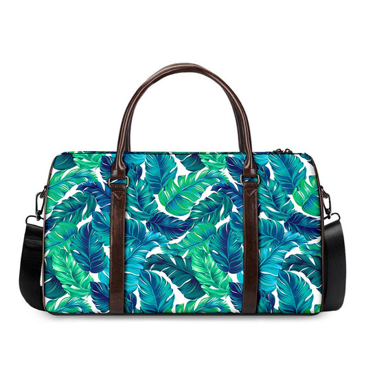 Teal Tropical Leaf Pattern Print Duffle Bag