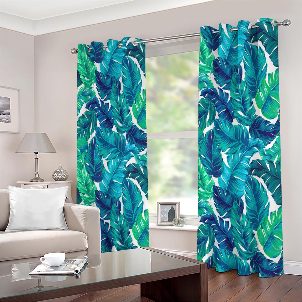 Teal Tropical Leaf Pattern Print Extra Wide Grommet Curtains