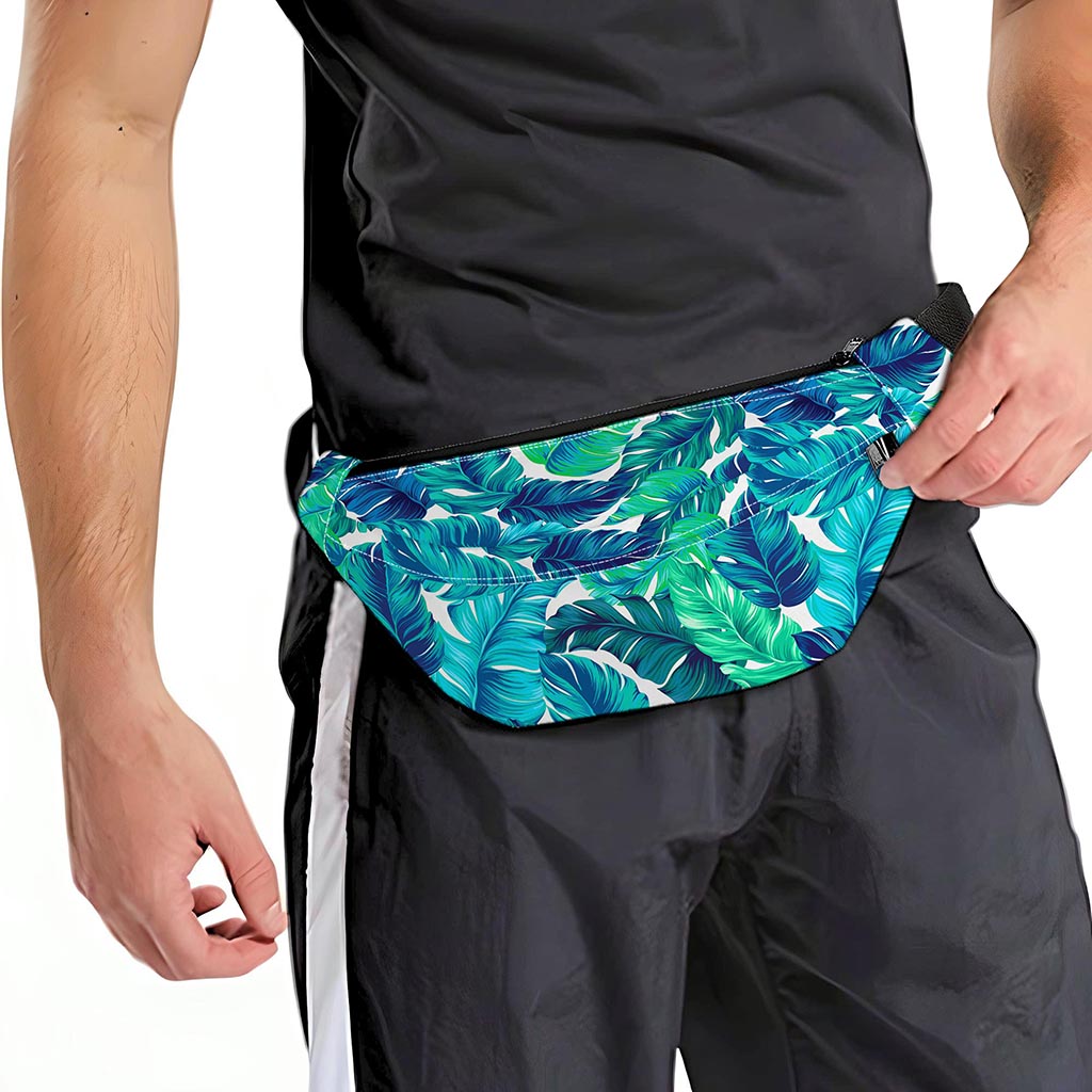 Teal Tropical Leaf Pattern Print Fanny Pack