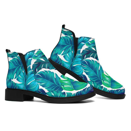 Teal Tropical Leaf Pattern Print Flat Ankle Boots