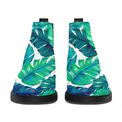 Teal Tropical Leaf Pattern Print Flat Ankle Boots