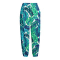 Teal Tropical Leaf Pattern Print Fleece Lined Knit Pants