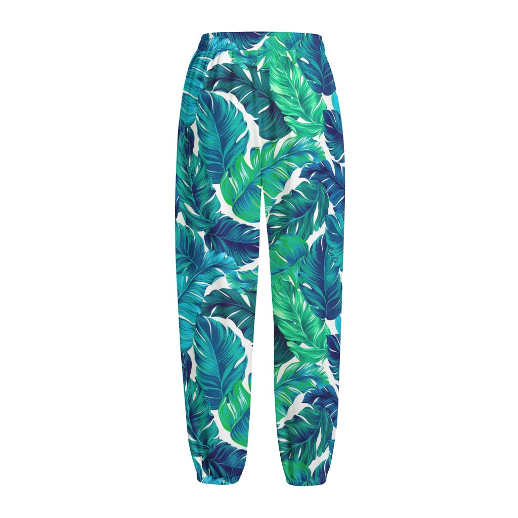 Teal Tropical Leaf Pattern Print Fleece Lined Knit Pants