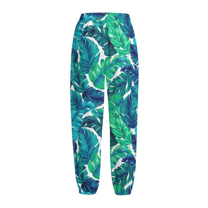 Teal Tropical Leaf Pattern Print Fleece Lined Knit Pants