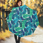 Teal Tropical Leaf Pattern Print Foldable Umbrella