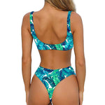Teal Tropical Leaf Pattern Print Front Bow Tie Bikini