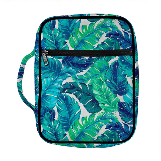 Teal Tropical Leaf Pattern Print Front Pocket Bible Bag