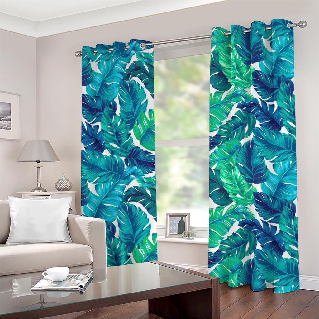 Teal Tropical Leaf Pattern Print Grommet Curtains