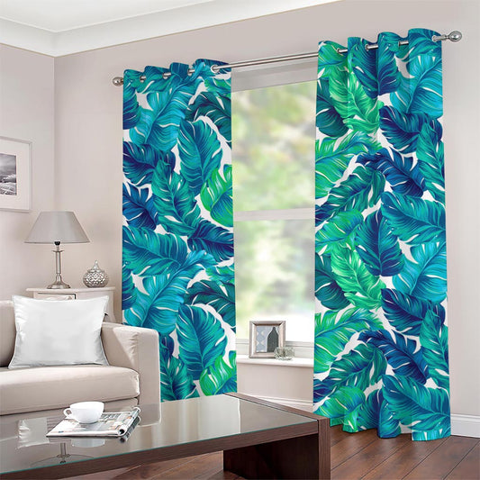Teal Tropical Leaf Pattern Print Grommet Curtains