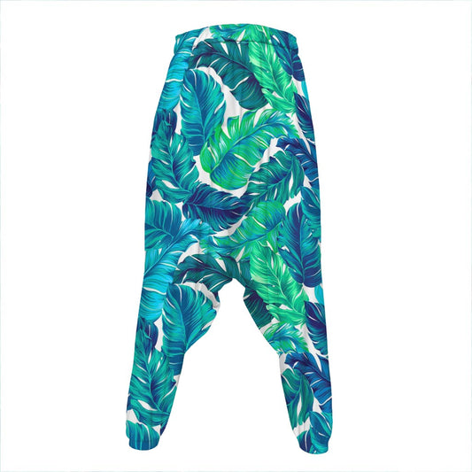 Teal Tropical Leaf Pattern Print Hammer Pants