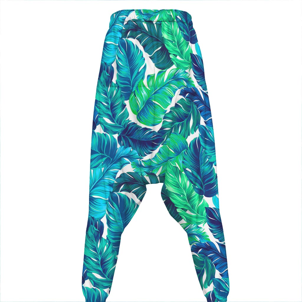 Teal Tropical Leaf Pattern Print Hammer Pants