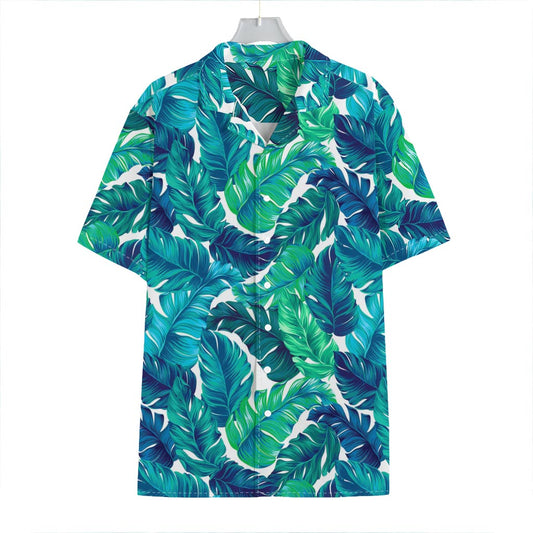 Teal Tropical Leaf Pattern Print Hawaiian Shirt