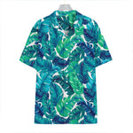 Teal Tropical Leaf Pattern Print Hawaiian Shirt