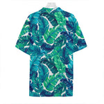 Teal Tropical Leaf Pattern Print Hawaiian Shirt