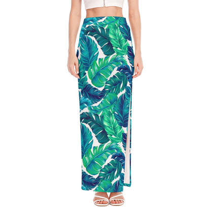 Teal Tropical Leaf Pattern Print High Slit Maxi Skirt
