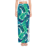 Teal Tropical Leaf Pattern Print High Slit Maxi Skirt