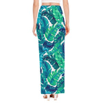Teal Tropical Leaf Pattern Print High Slit Maxi Skirt