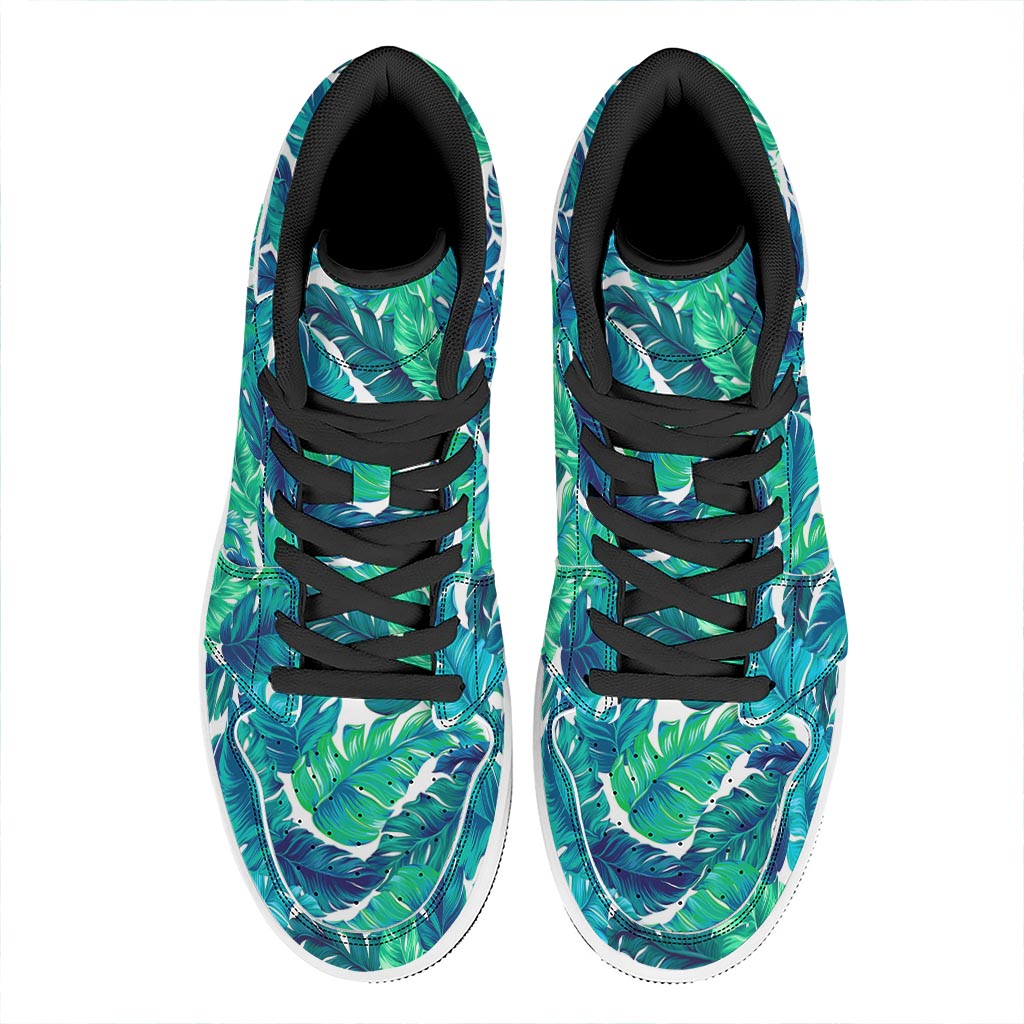 Teal Tropical Leaf Pattern Print High Top Leather Sneakers