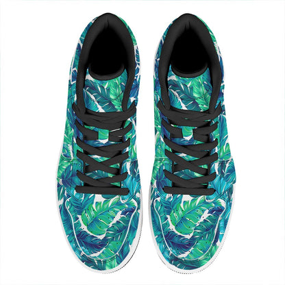 Teal Tropical Leaf Pattern Print High Top Leather Sneakers