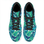 Teal Tropical Leaf Pattern Print High Top Leather Sneakers