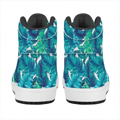 Teal Tropical Leaf Pattern Print High Top Leather Sneakers