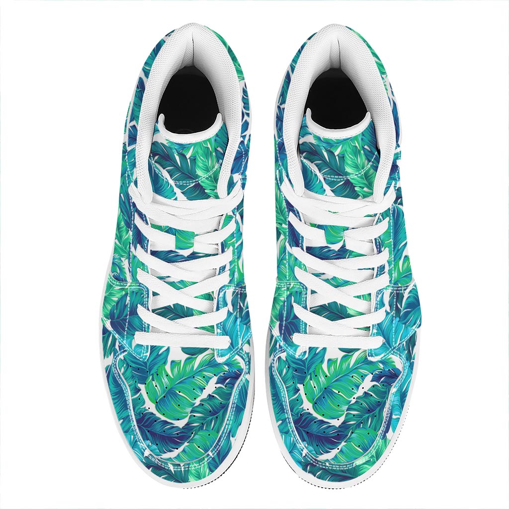 Teal Tropical Leaf Pattern Print High Top Leather Sneakers
