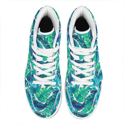 Teal Tropical Leaf Pattern Print High Top Leather Sneakers