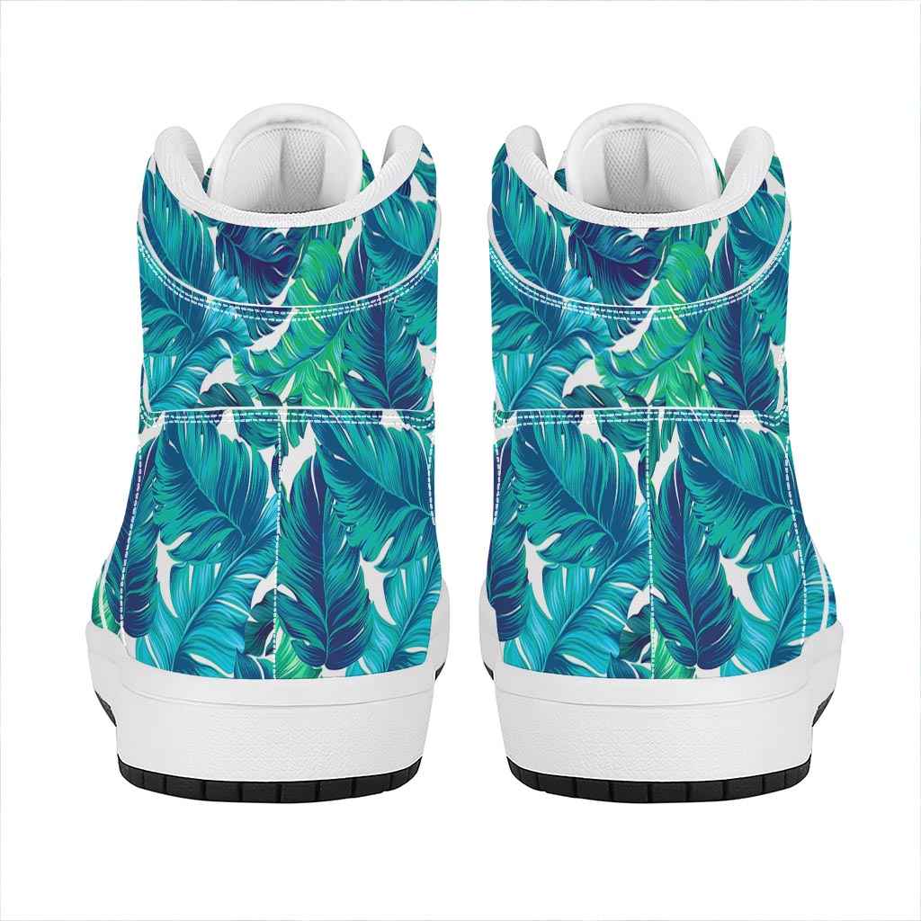 Teal Tropical Leaf Pattern Print High Top Leather Sneakers
