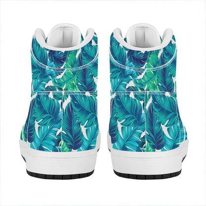 Teal Tropical Leaf Pattern Print High Top Leather Sneakers