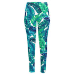 Teal Tropical Leaf Pattern Print High-Waisted Pocket Leggings