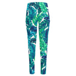 Teal Tropical Leaf Pattern Print High-Waisted Pocket Leggings