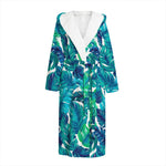 Teal Tropical Leaf Pattern Print Hooded Bathrobe