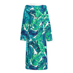 Teal Tropical Leaf Pattern Print Hooded Bathrobe