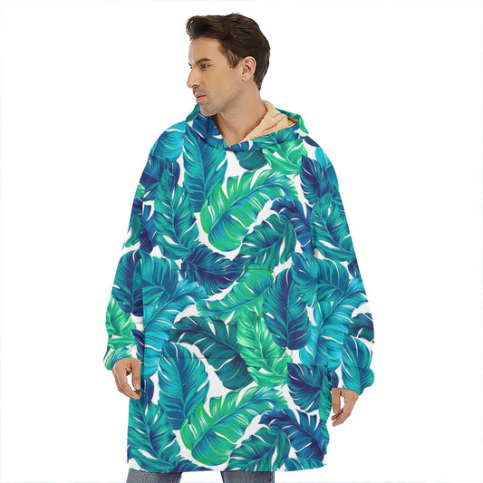 Teal Tropical Leaf Pattern Print Hoodie Blanket