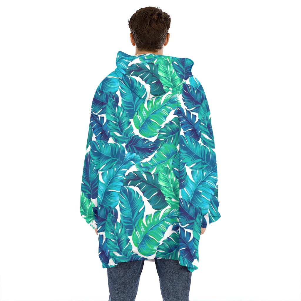 Teal Tropical Leaf Pattern Print Hoodie Blanket