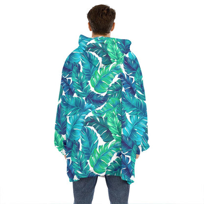 Teal Tropical Leaf Pattern Print Hoodie Blanket