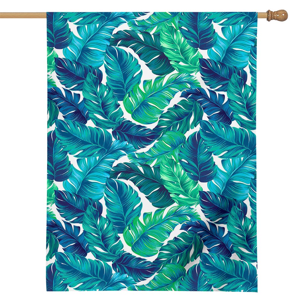 Teal Tropical Leaf Pattern Print House Flag