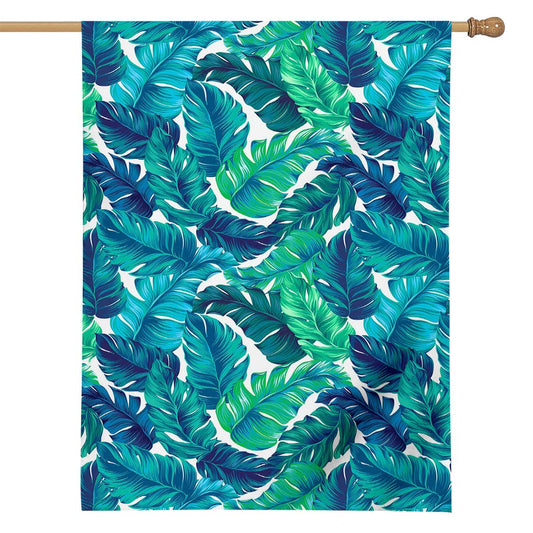 Teal Tropical Leaf Pattern Print House Flag