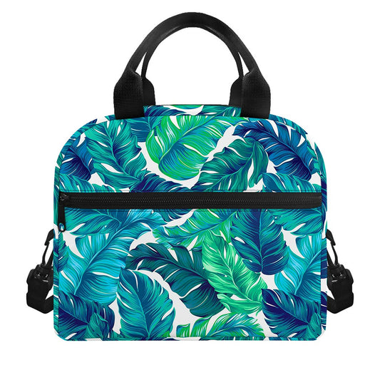 Teal Tropical Leaf Pattern Print Insulated Lunch Bag