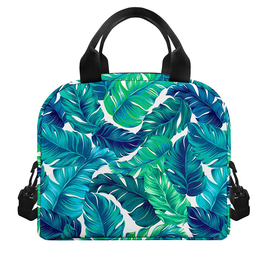 Teal Tropical Leaf Pattern Print Insulated Lunch Bag