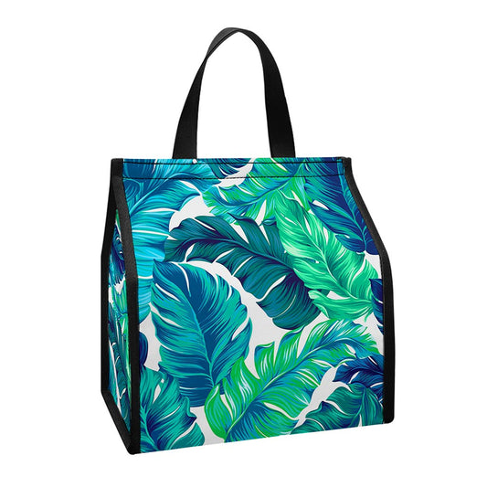 Teal Tropical Leaf Pattern Print Insulated Lunch Tote