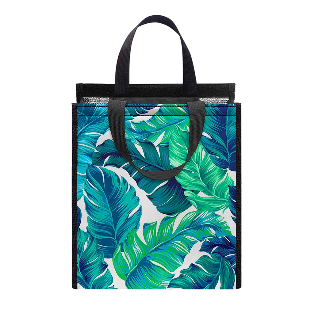 Teal Tropical Leaf Pattern Print Insulated Lunch Tote