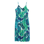 Teal Tropical Leaf Pattern Print Jersey Midi Cami Dress