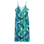 Teal Tropical Leaf Pattern Print Jersey Midi Cami Dress
