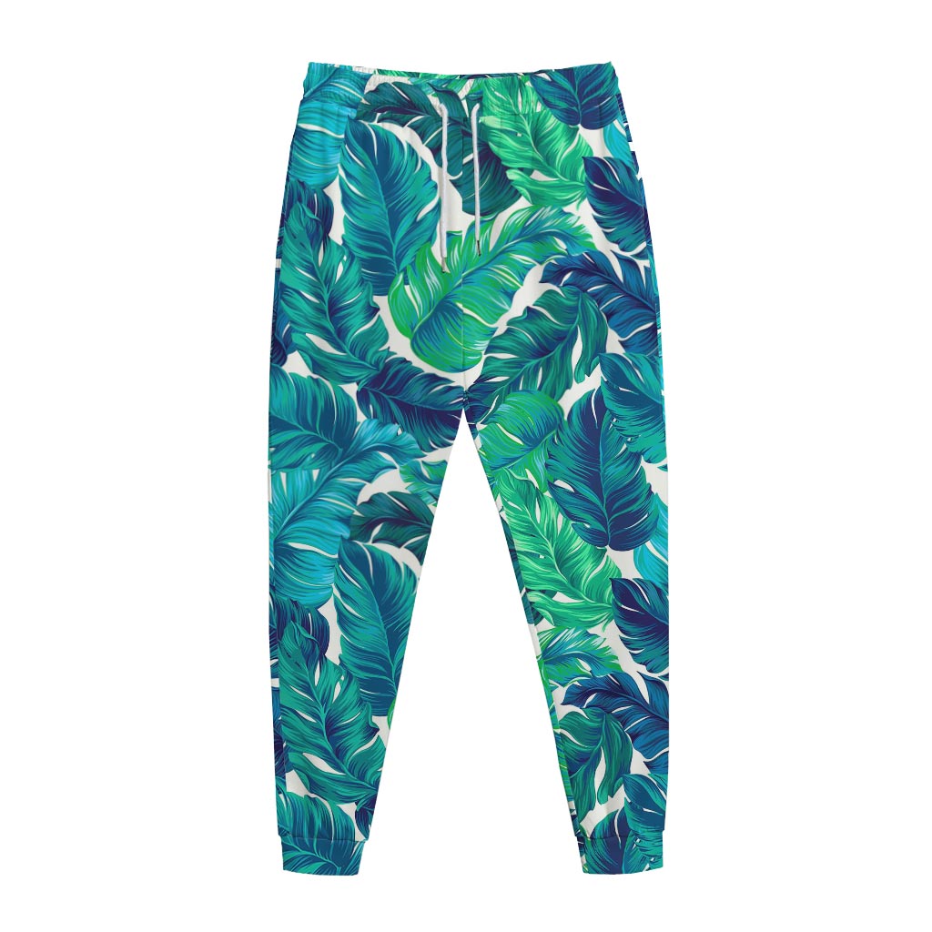 Teal Tropical Leaf Pattern Print Jogger Pants