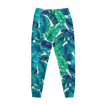 Teal Tropical Leaf Pattern Print Jogger Pants