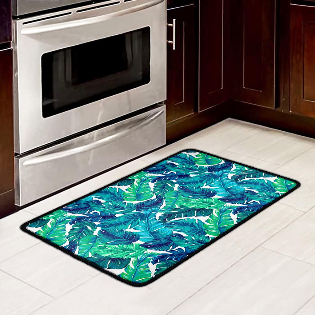 Teal Tropical Leaf Pattern Print Kitchen Mat