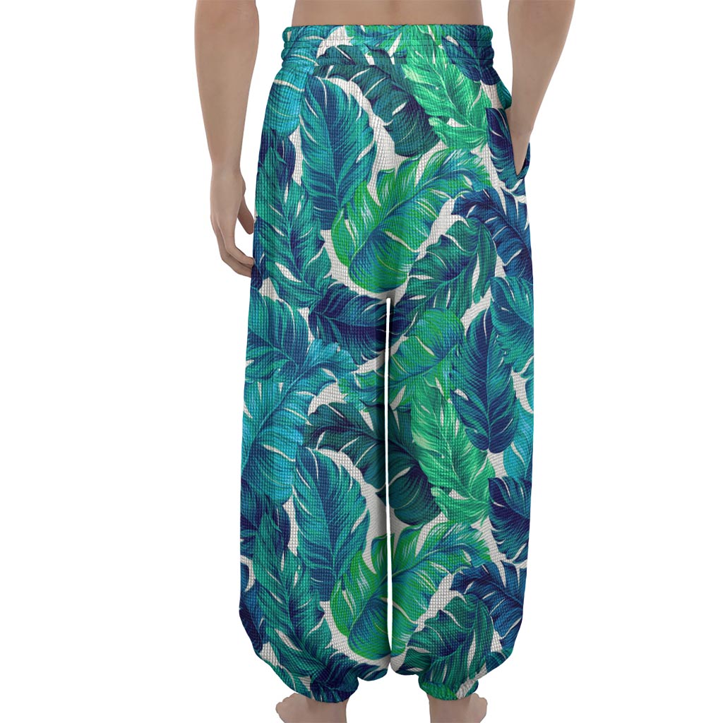 Teal Tropical Leaf Pattern Print Lantern Pants