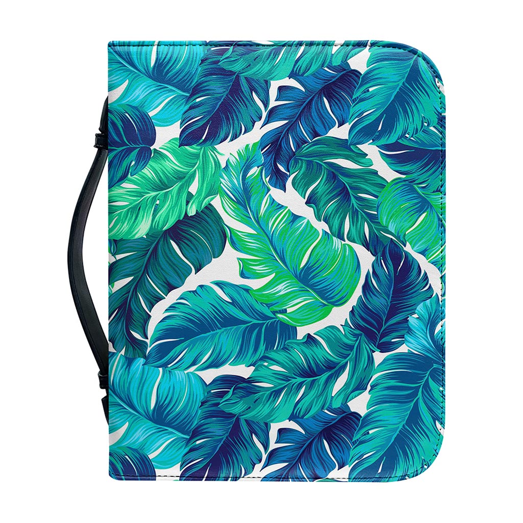 Teal Tropical Leaf Pattern Print Leather Bible Cover