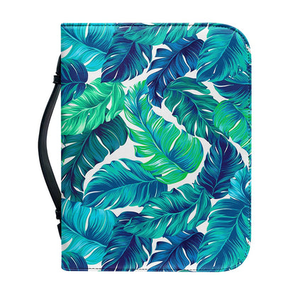 Teal Tropical Leaf Pattern Print Leather Bible Cover